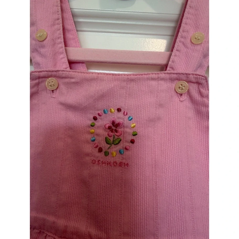 OshKosh Baby Pink Seersucker Ruffle Bubble Romper Sunsuit Size 3/6M Vintage